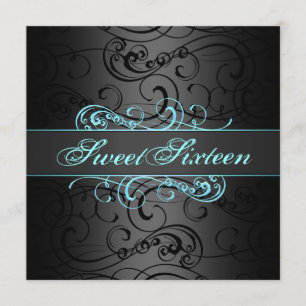 Sweet 16th Blue & Black Swirl Birthday Invitation