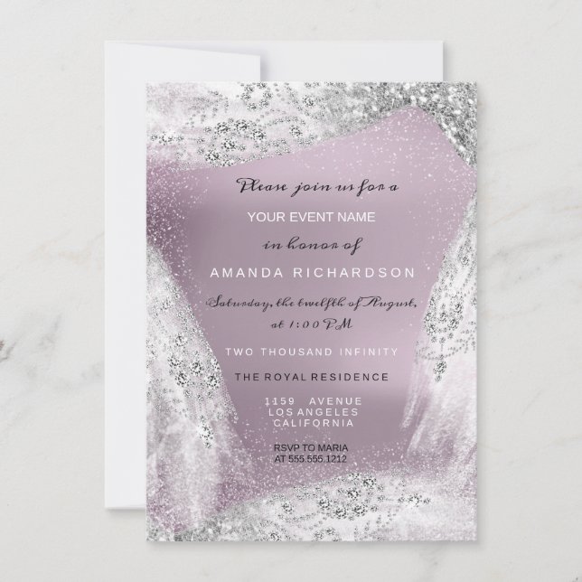 Sweet 16th Bridal Diamond Dress Eggplant Silver Invitation (Front)
