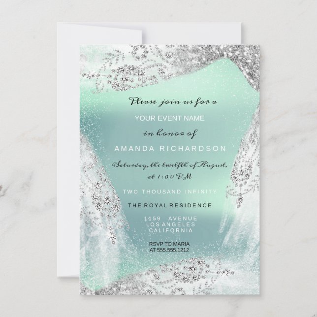 Sweet 16th Bridal Diamond Dress Grey Silver Mint Invitation (Front)