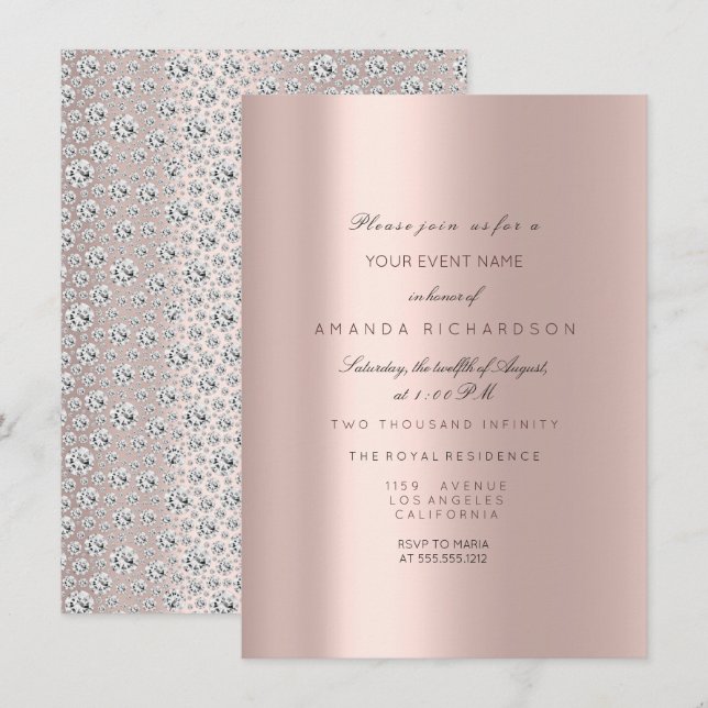 Sweet 16th Bridal Rose Pastel Pink Rose Diamond Invitation (Front/Back)
