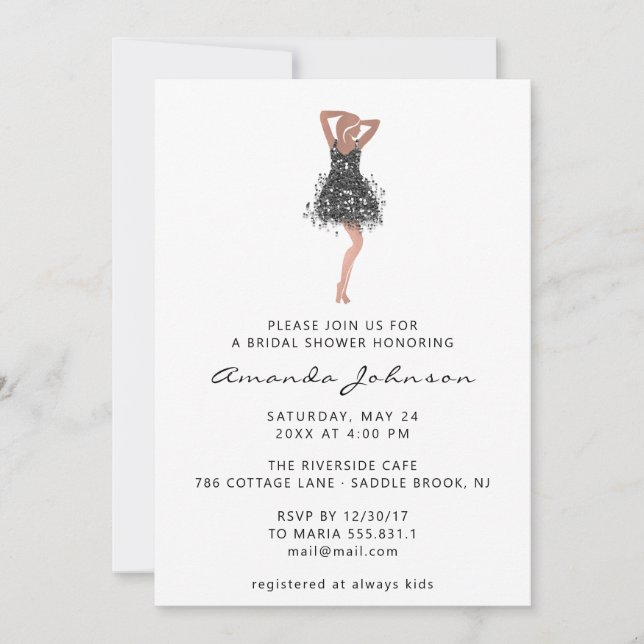 Sweet 16th Bridal Shower Black Glitter Dress White Invitation (Front)