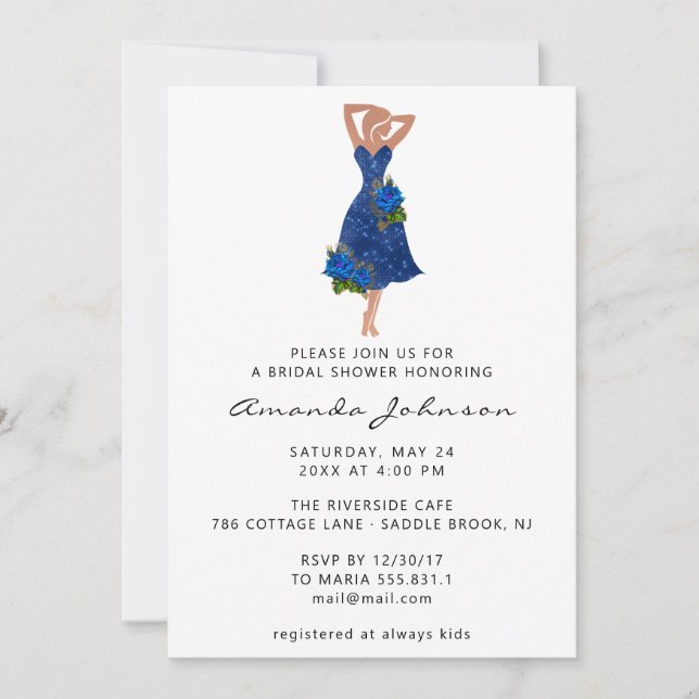 Sweet 16th Bridal Shower Blue Dress White Invitation (Front)