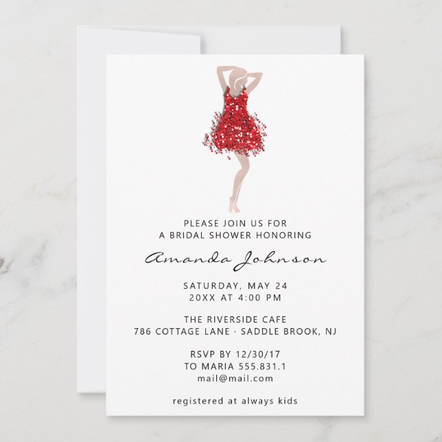 Sweet 16th Bridal Shower Red Dress White Invitation (Front)