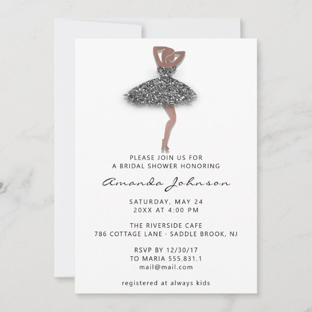 Sweet 16th Bridal Shower Silver Dress White Invitation (Front)