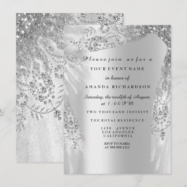 Sweet 16th Bridal Shower Silver Royal Grey Diamond Invitation (Front/Back)