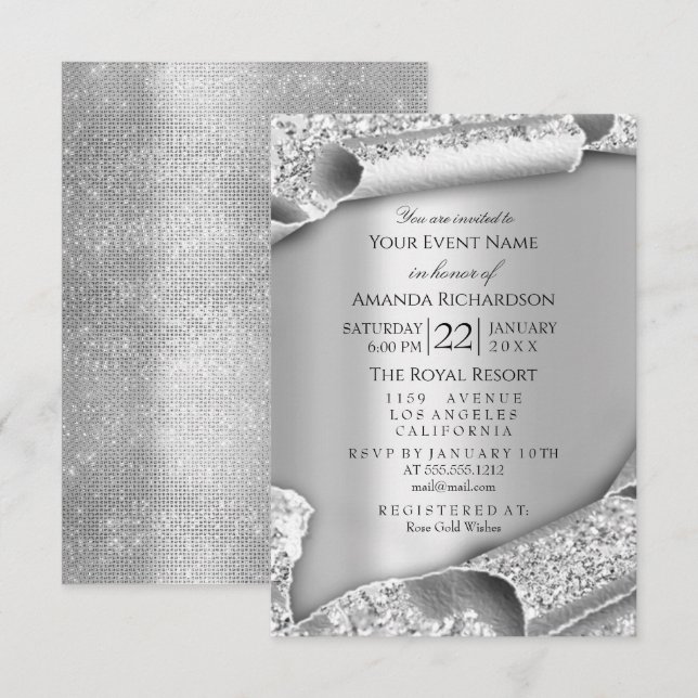 Sweet 16th Bridal Wedding 3D Rose Silver Invitation (Front/Back)