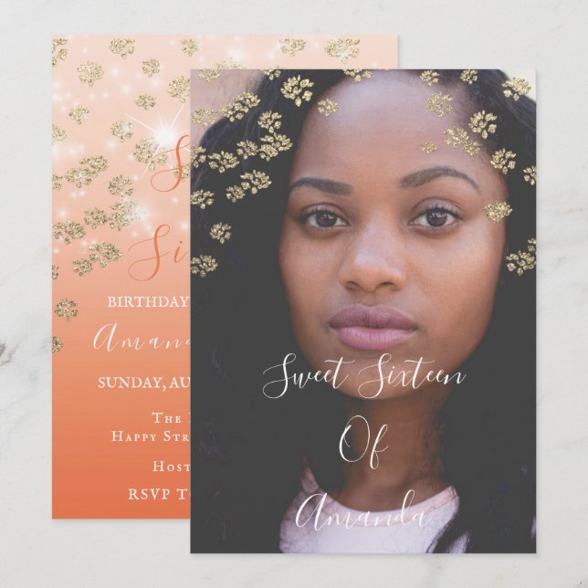 Sweet 16th  Coral Flowers Gold Ombre Photo Ombre Invitation (Front/Back)