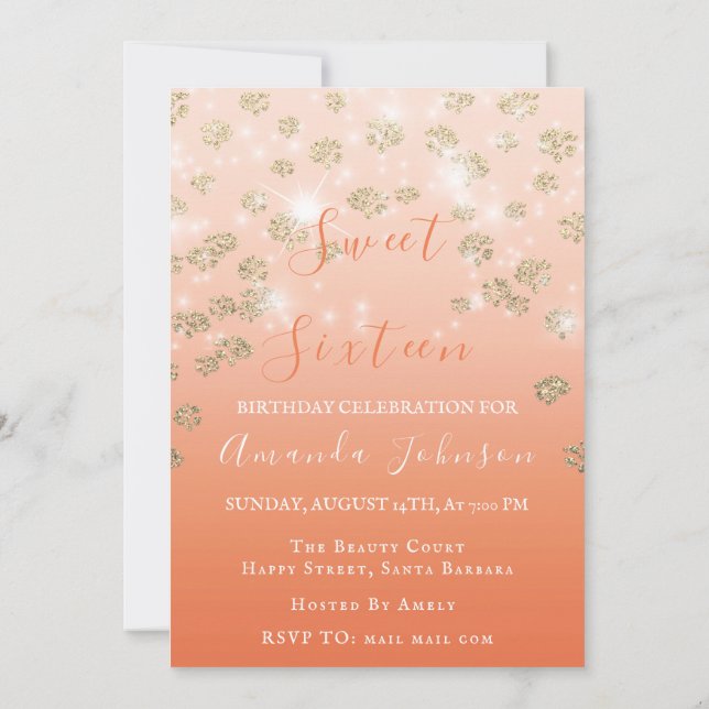 Sweet 16th  Coral Flowers Gold Ombre Photo Sparkly Invitation (Back)