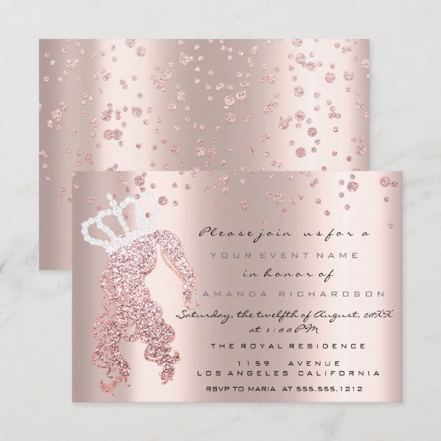 Sweet 16th Crown Princes Glitter Confetti Rose Invitation (Front/Back)