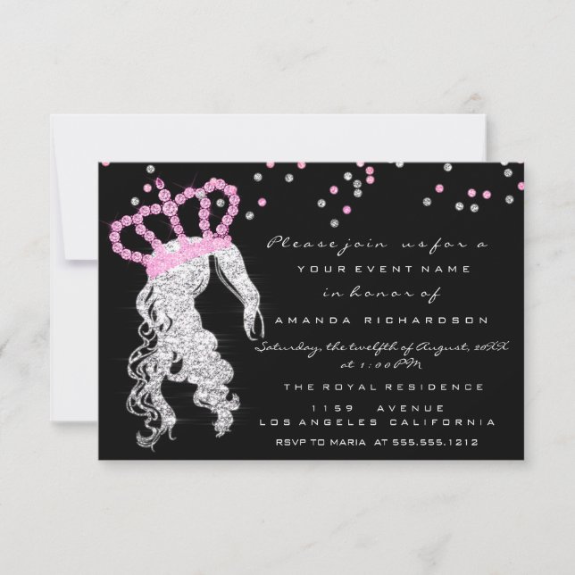 Sweet 16th Crown Princess Confetti Black Pink Gray Invitation (Front)