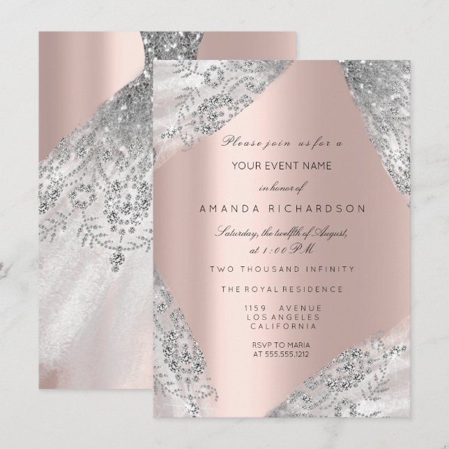 Sweet 16th Dress Spark Rose Silver Pink Diamond Invitation (Front/Back)