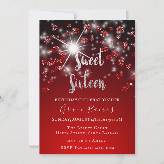 Sweet 16th Elisabeth Red Grey Silver Drips Photo Invitation (Back)