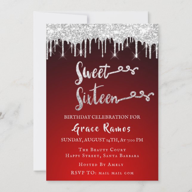 Sweet 16th Elisabeth Red Grey Silver Drips Photo Invitation (Back)