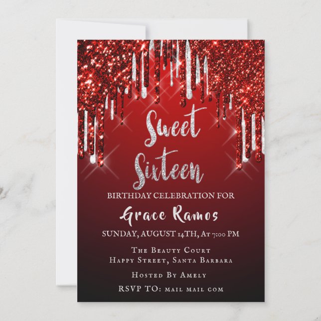 Sweet 16th Elisabeth Red Grey Silver Drips Photo Invitation (Back)