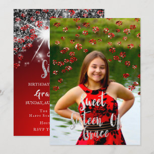 Sweet 16th Elisabeth Red Grey Silver Drips Photo Invitation