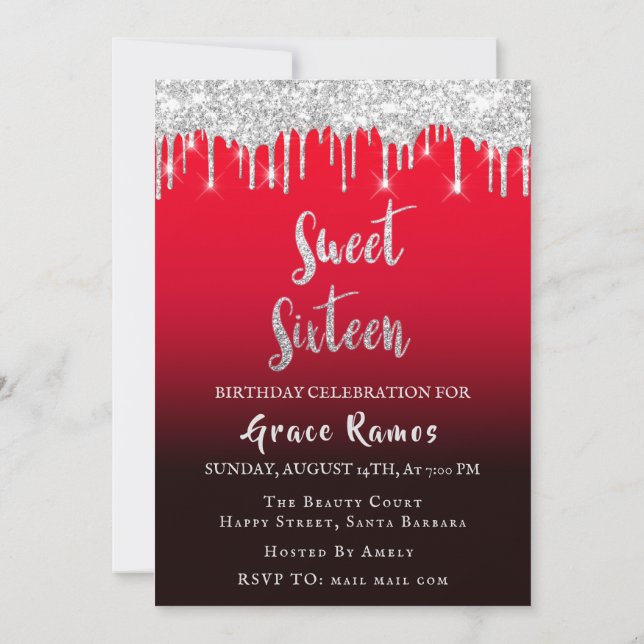 Sweet 16th Elisabeth Red Grey Silver Drips Photo Invitation (Back)