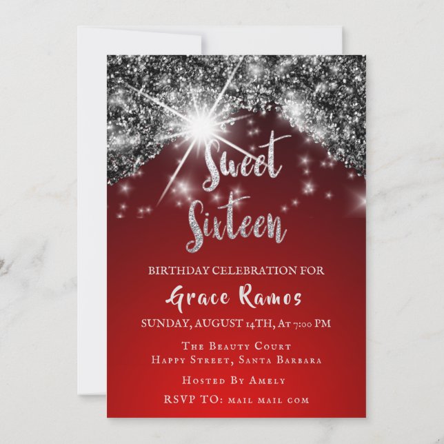 Sweet 16th Elisabeth Red Grey Silver Drips Photo Invitation (Back)