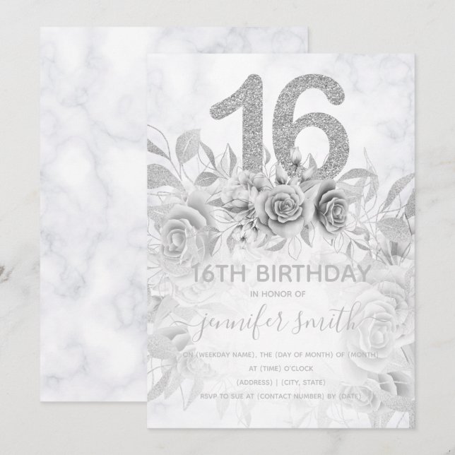 Sweet 16th Floral Marble Glitter Silver  Invitation (Front/Back)