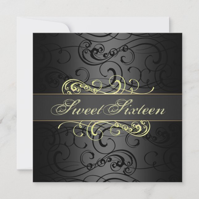 Sweet 16th Gold & Black Swirl Birthday Invitation (Front)