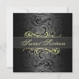 Sweet 16th Gold & Black Swirl Birthday Invitation