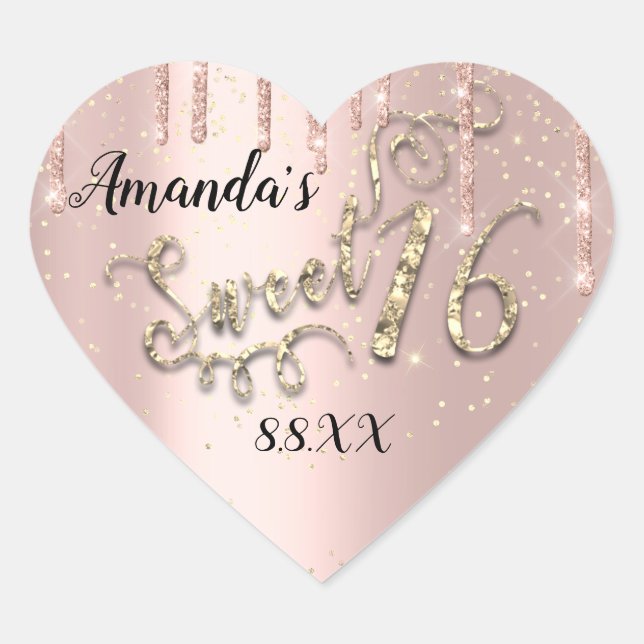 Sweet 16th Heart Glitter Confetti Rose Drips Sticker (Front)