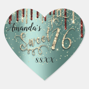 Sweet 16th Heart Glitter Gold Burgundy Drips Green Sticker
