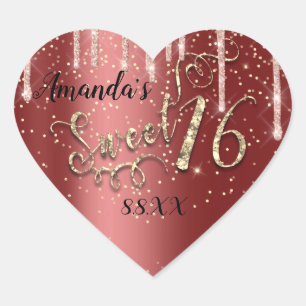 Sweet 16th Heart Glitter Gold Burgundy Rose Drips Sticker