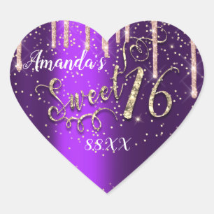 Sweet 16th Heart Glitter Gold Purple Rose Drips Sticker