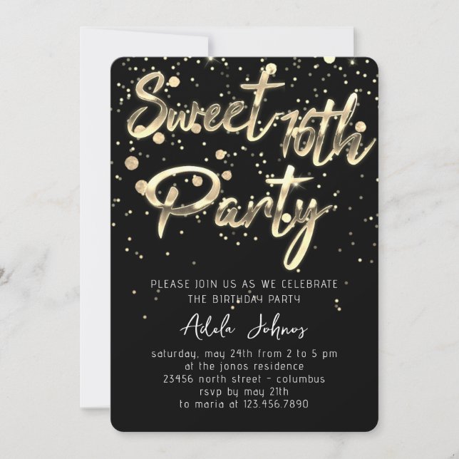 Sweet 16th Instant Download Black Gold Confetti  Invitation (Front)