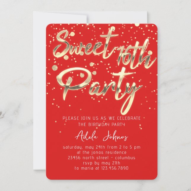 Sweet 16th Instant Download Red Gold Confetti Invitation (Front)