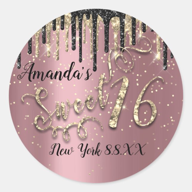 Sweet 16th Party Glitter Gold Confetti Rose Drips Classic Round Sticker (Front)