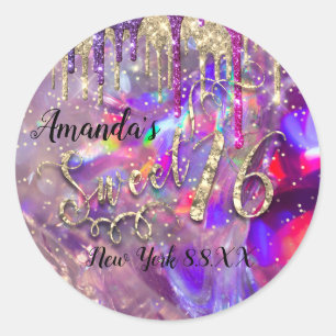 Sweet 16th Party Glitter Holographic Gold Script Classic Round Sticker