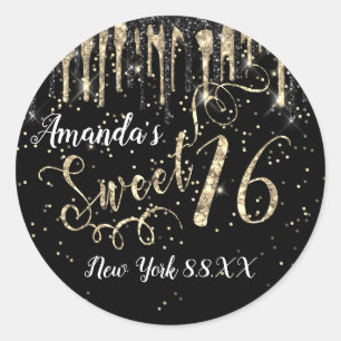 Sweet 16th Party Gold Confetti Drips Black White Classic Round Sticker