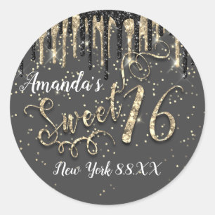 Sweet 16th Party Gold Confetti Drips Grey Black Classic Round Sticker