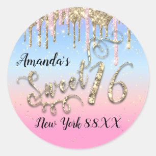 Sweet 16th Party Pink Blue Gold Confetti Drips Classic Round Sticker
