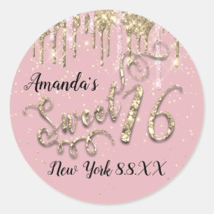 Sweet 16th Party Pink Blush Gold Confetti Drips Classic Round Sticker