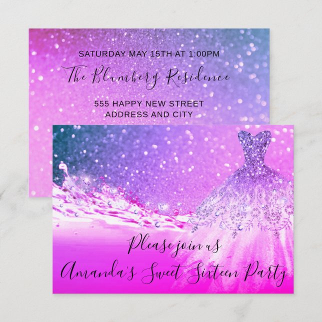 Sweet 16th Party  Pink Fuchsia Glitter Ocean Dress Invitation (Front/Back)
