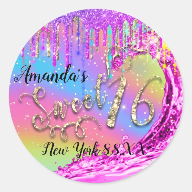 Sweet 16th Party Pink Waves Confetti Rainbow Classic Round Sticker (Front)