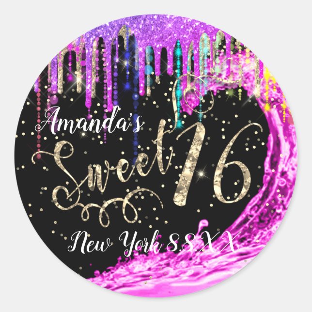 Sweet 16th Party Pink Waves Confetti Rainbow Classic Round Sticker (Front)
