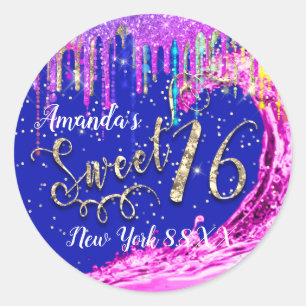 Sweet 16th Party Pink Waves Confetti Royal Blue Classic Round Sticker