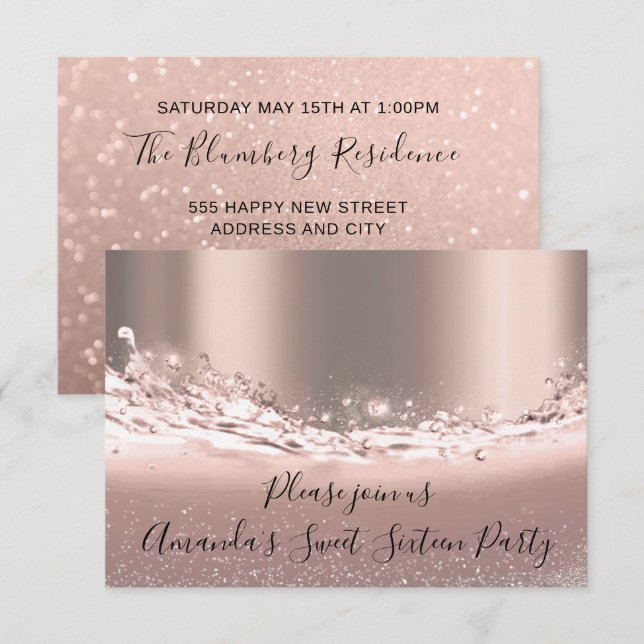 Sweet 16th Party  Rose Gold Glitter Bridal Shower Invitation (Front/Back)