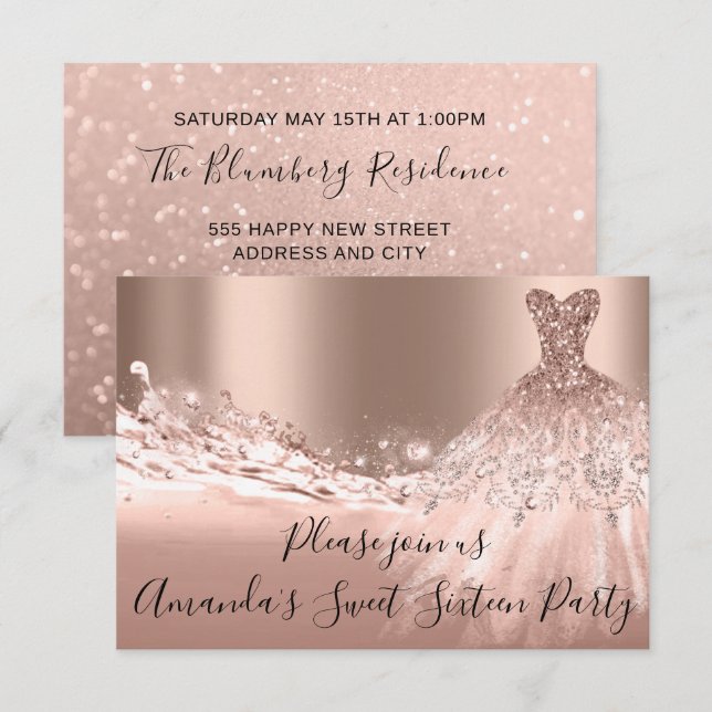 Sweet 16th Party  Rose Gold Glitter Ocean Dress Invitation (Front/Back)