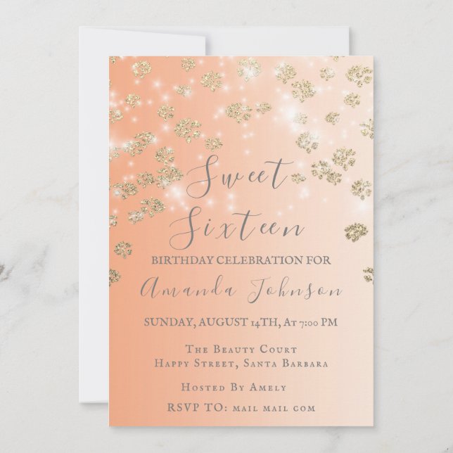 Sweet 16th  Peach Flowers Gold Ombre Photo Grey Invitation (Back)