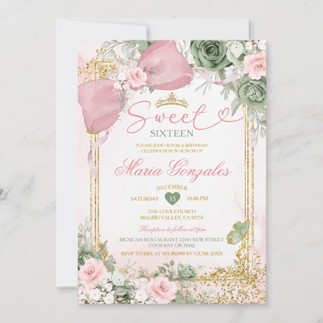 Sweet 16th Pink Bow Sage Green Floral Birthday Invitation (Front)