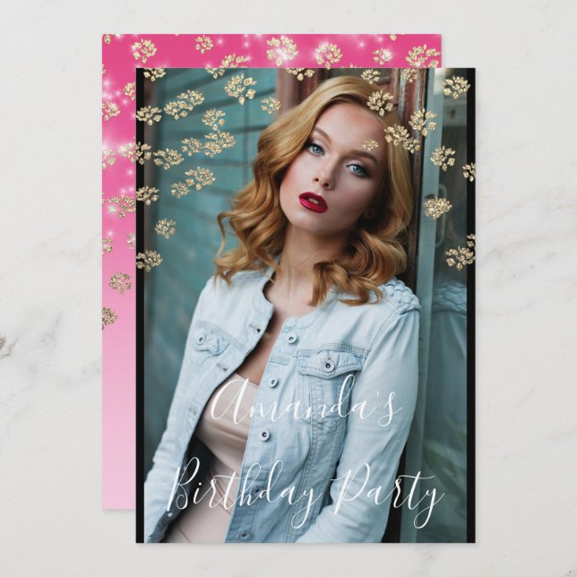 Sweet 16th  Pink Flowers Gold Ombre Photo Confetti Invitation (Front/Back)