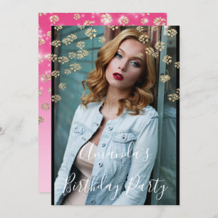 Sweet 16th Pink Flowers Gold Ombre Photo Confetti Invitation