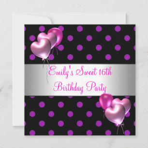 Sweet 16th Pink Purple Silver Balloon Birthday Invitation