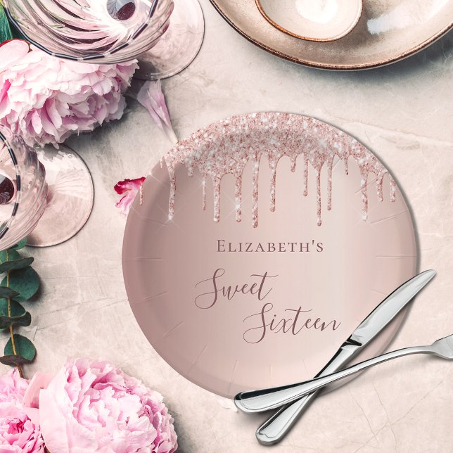 Sweet 16th rose gold glitter drips blush name paper plate (Creator Uploaded)