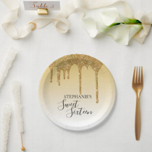 Sweet 16th sixteen birthday gold glitter paper plate