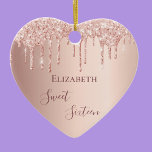 Sweet 16th sixteen birthday rose gold glitter 16 ceramic tree decoration<br><div class="desc">An ornament for a girly and glamourous Sweet 16th birthday. A faux rose gold background with an elegant faux rose gold glitter drips, paint drip look. The text: Sweet Sixteen is written in dark rose gold with a large modern hand lettered style script. Tempate for a name. Perfect as party...</div>
